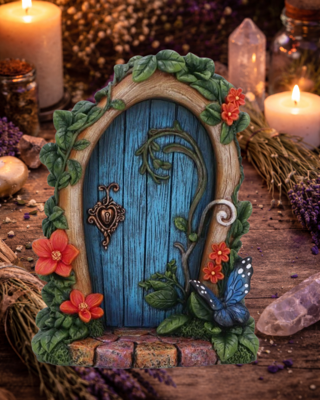 Fairy Door with Vines, Orange Flowers & Butterfly