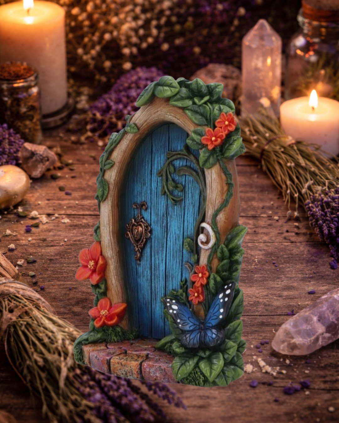 Fairy Door with Vines, Orange Flowers & Butterfly