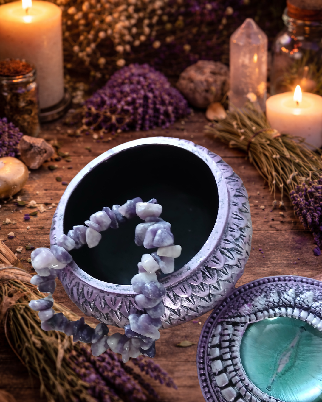 Purple Dragon Eye Storage Box & Lepidolite Crystal Chip Bracelet