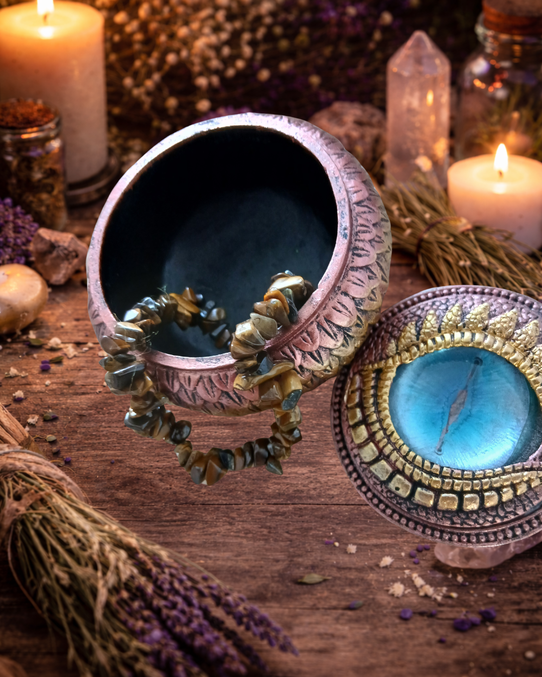 Red & Gold Dragon Eye Storage Box & Tiger's Eye Crystal Chip Bracelet