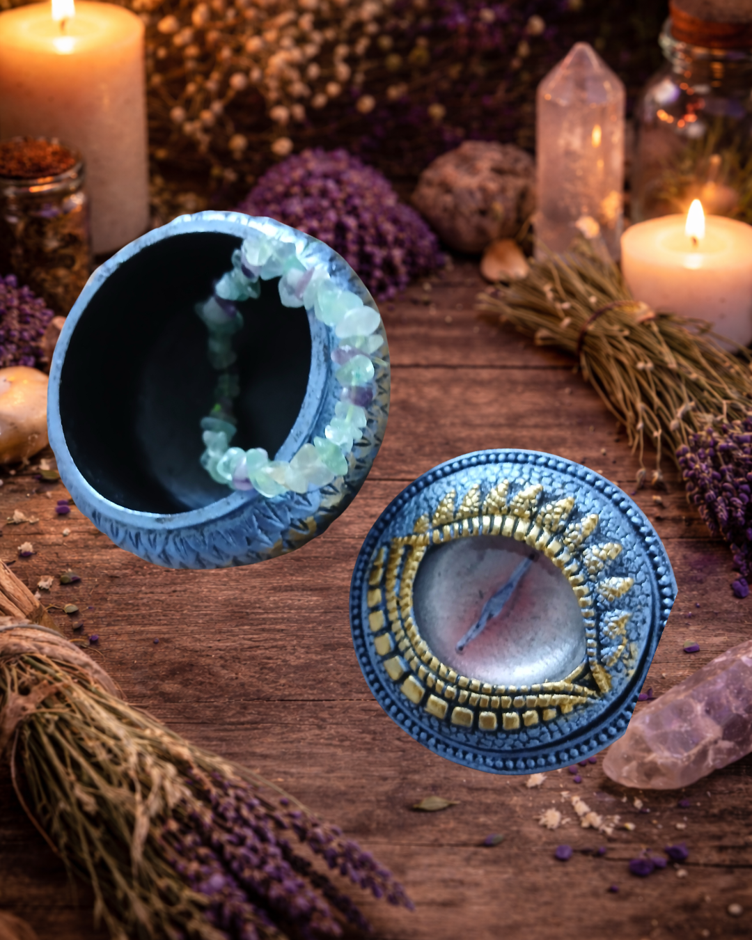 Blue Dragon Eye Storage Box & Fluorite Crystal Chip Bracelet