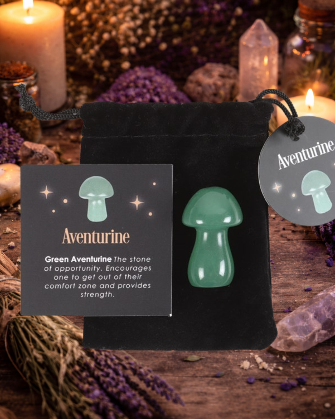 Green Aventurine Mushroom Crystal — Gift Set with Velvet Pouch & Info Card