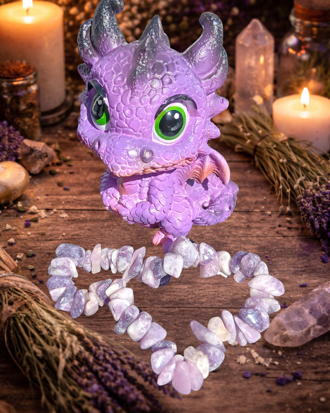 Purple Baby Dragonling Figurine with Lepidolite Crystal Chip Bracelet