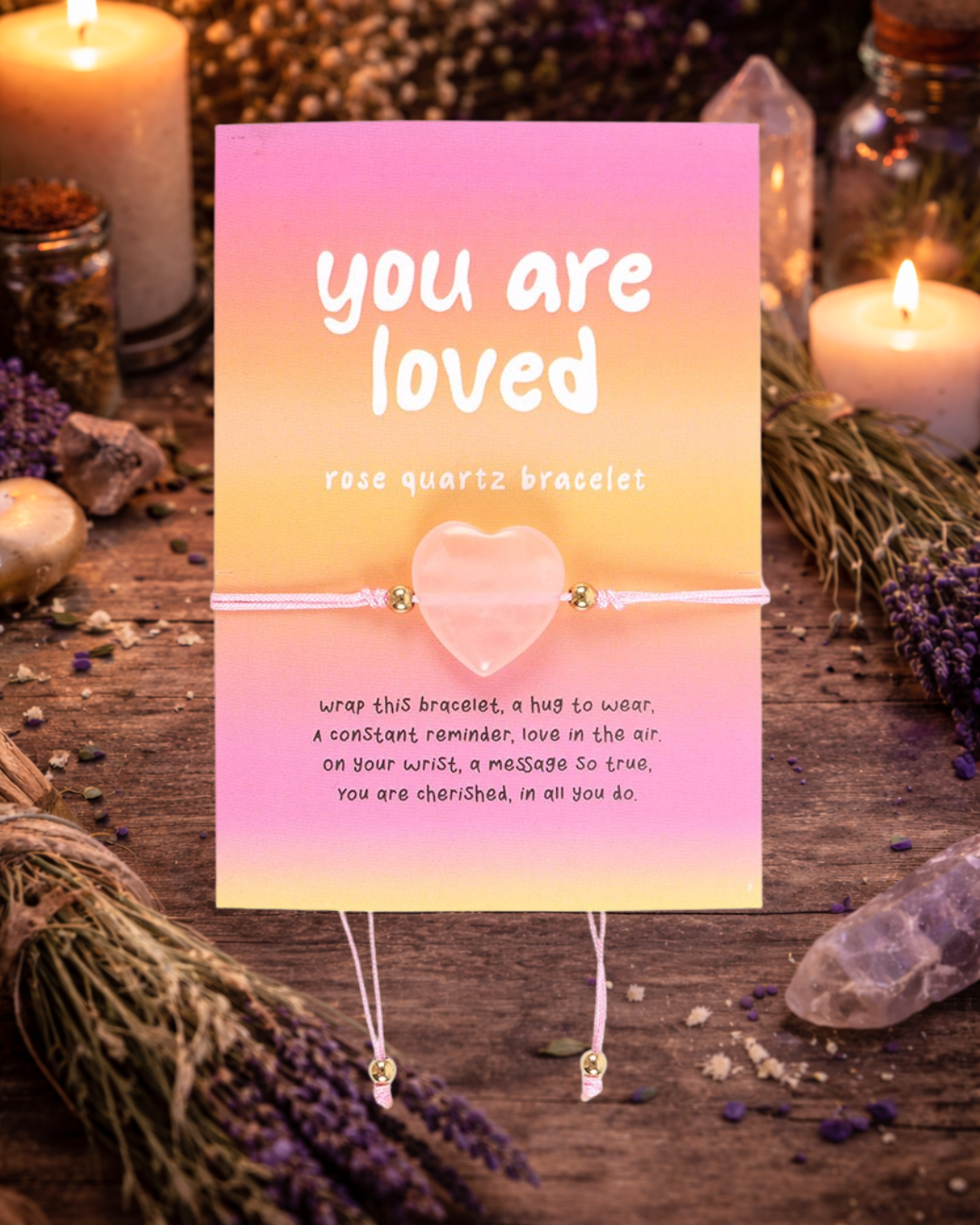You Are Loved Rose Quartz Crystal Heart Bracelet