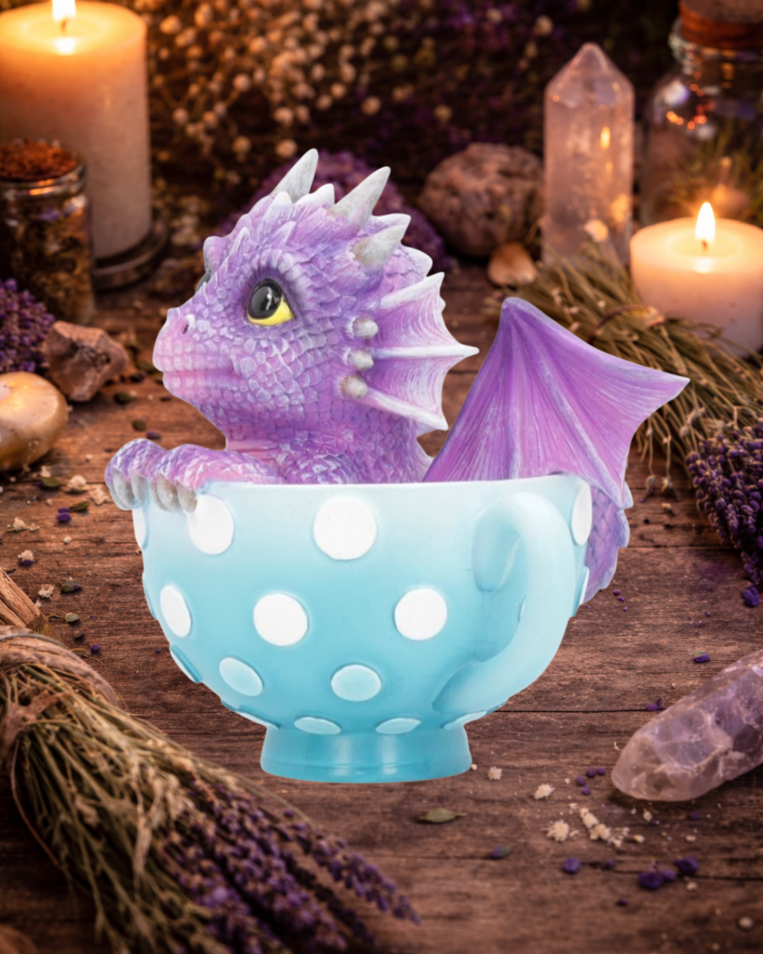 Teacup Dragon Figurine – Sky-Blue Polka Dot Cup