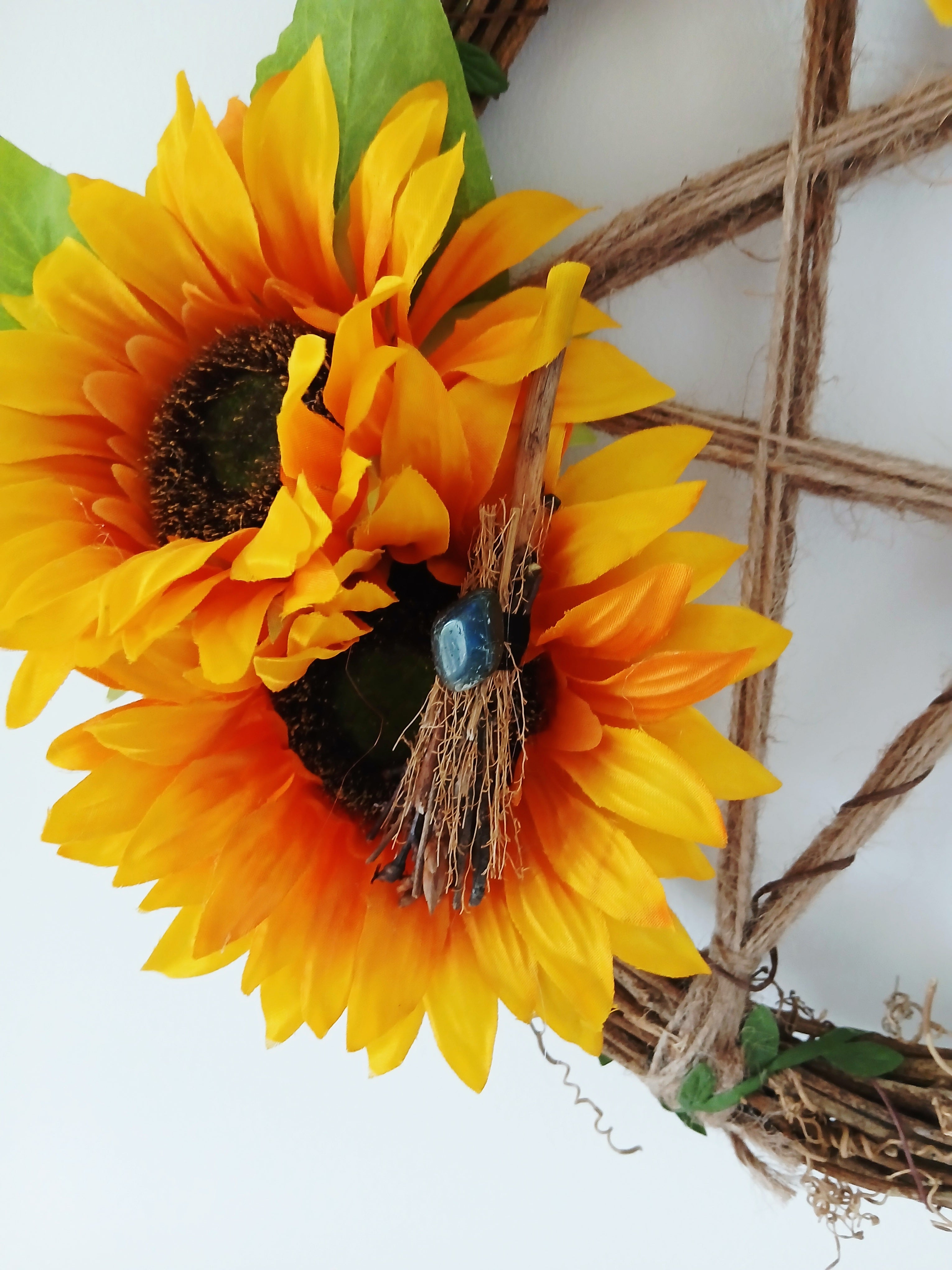 Sunflower Pentacle Protection Wreath 30cm with Black Salt & Labradorite Broomstick