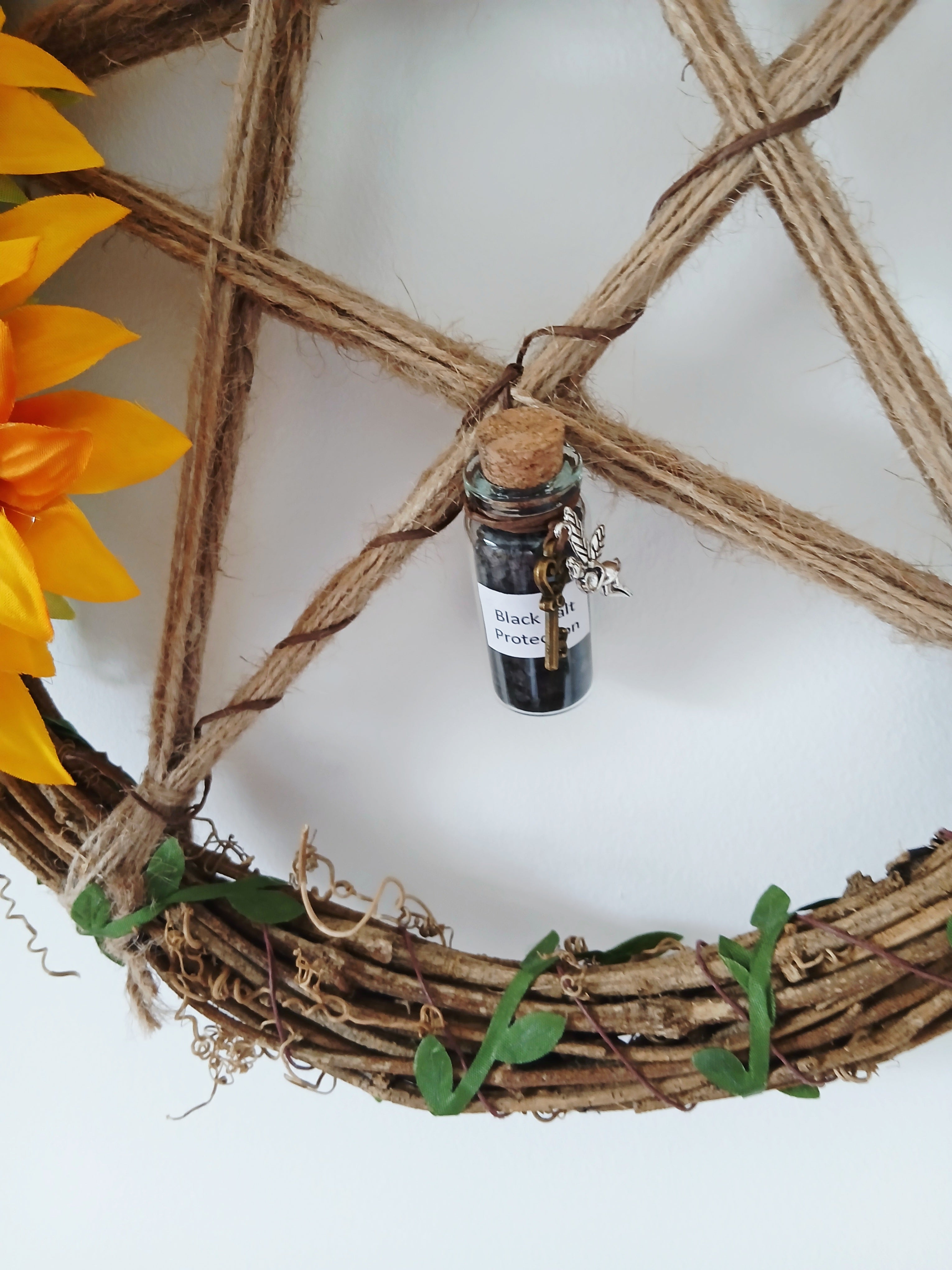 Sunflower Pentacle Protection Wreath 30cm with Black Salt & Labradorite Broomstick