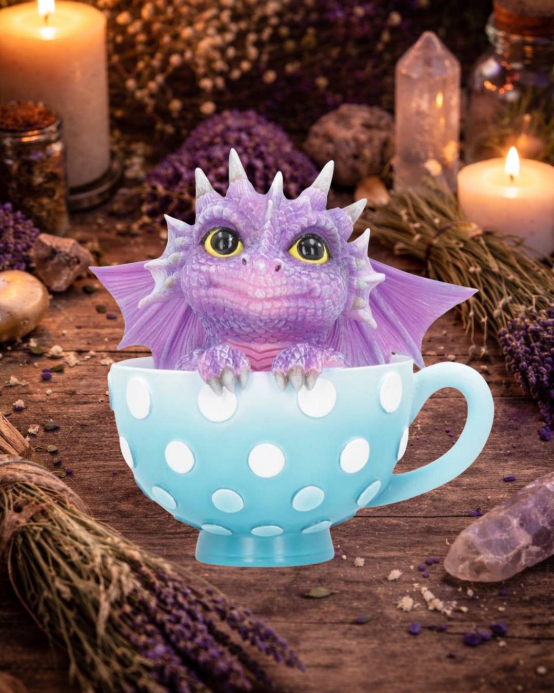 Teacup Dragon Figurine – Sky-Blue Polka Dot Cup