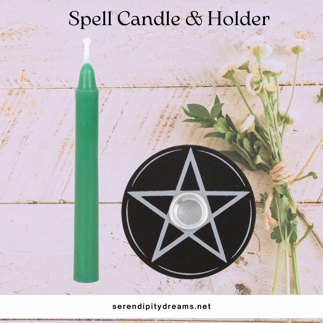 Pentagram Spell Candle Holder with Green Spell Candle