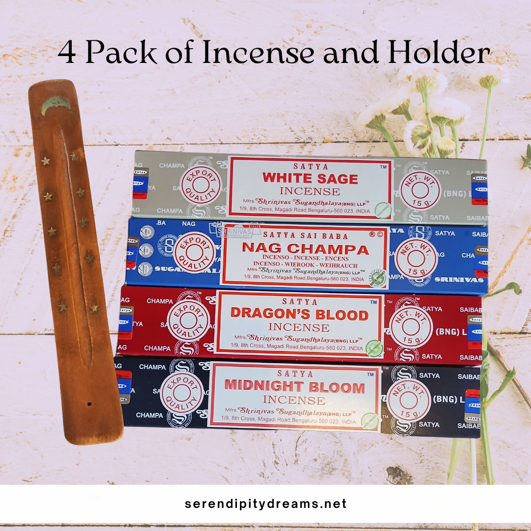 4 Pack Incense and Holder Set - Midnight Bloom, Dragon's Blood, Nag Champa, White Sage
