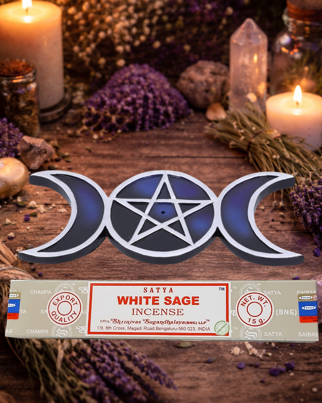 Triple Moon Galaxy Incense Holder & Satya White Sage Incense Bundle –  21.5cm
