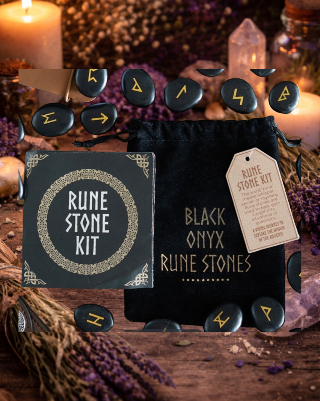 Black Onyx Viking Rune Stones – Set of 25 with Drawstring Pouch