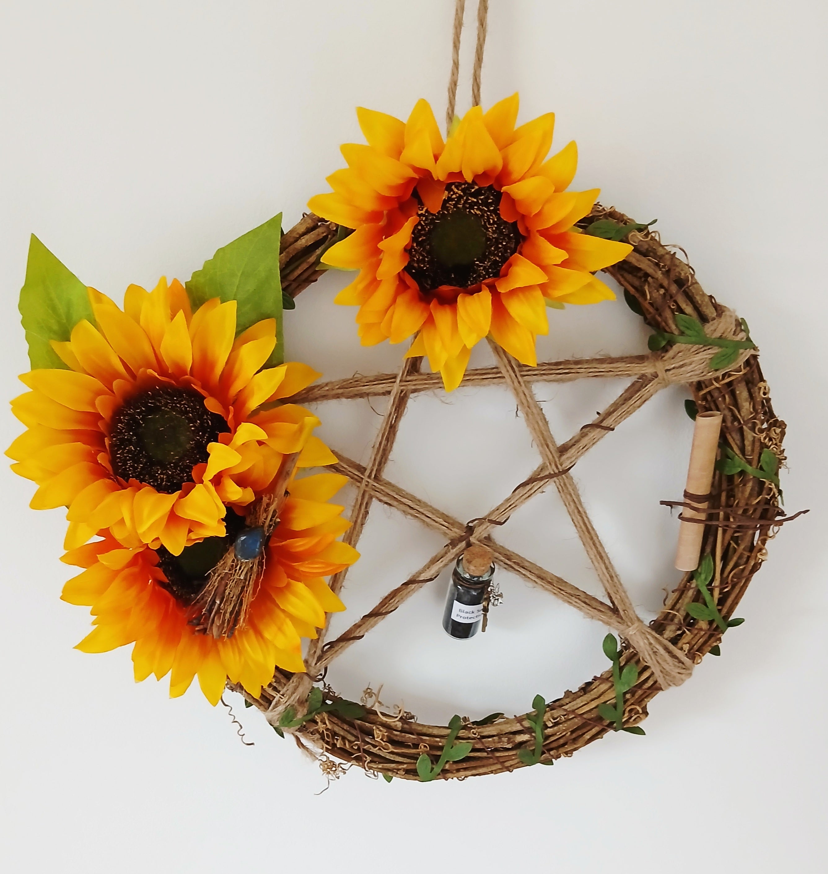 Sunflower Pentacle Protection Wreath 30cm with Black Salt & Labradorite Broomstick
