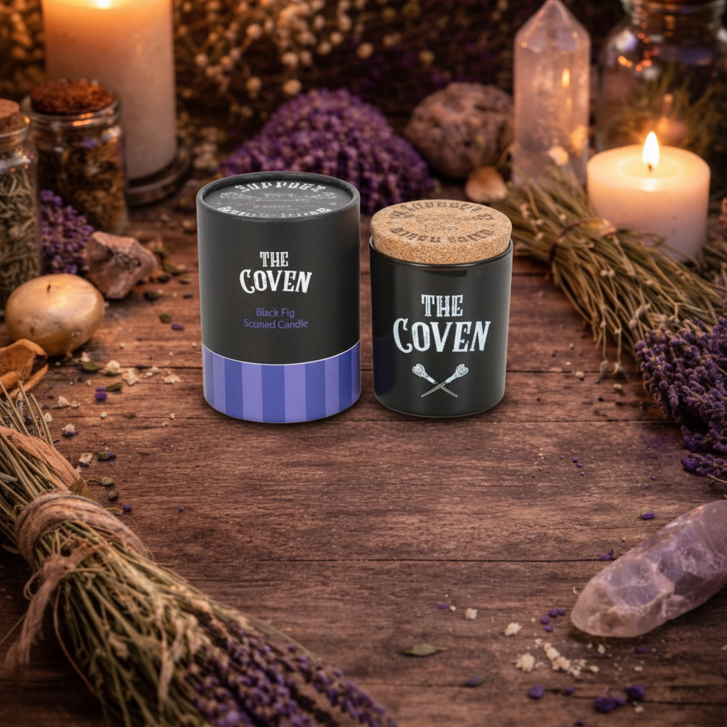 The Coven Candle and tube packaging on altar background