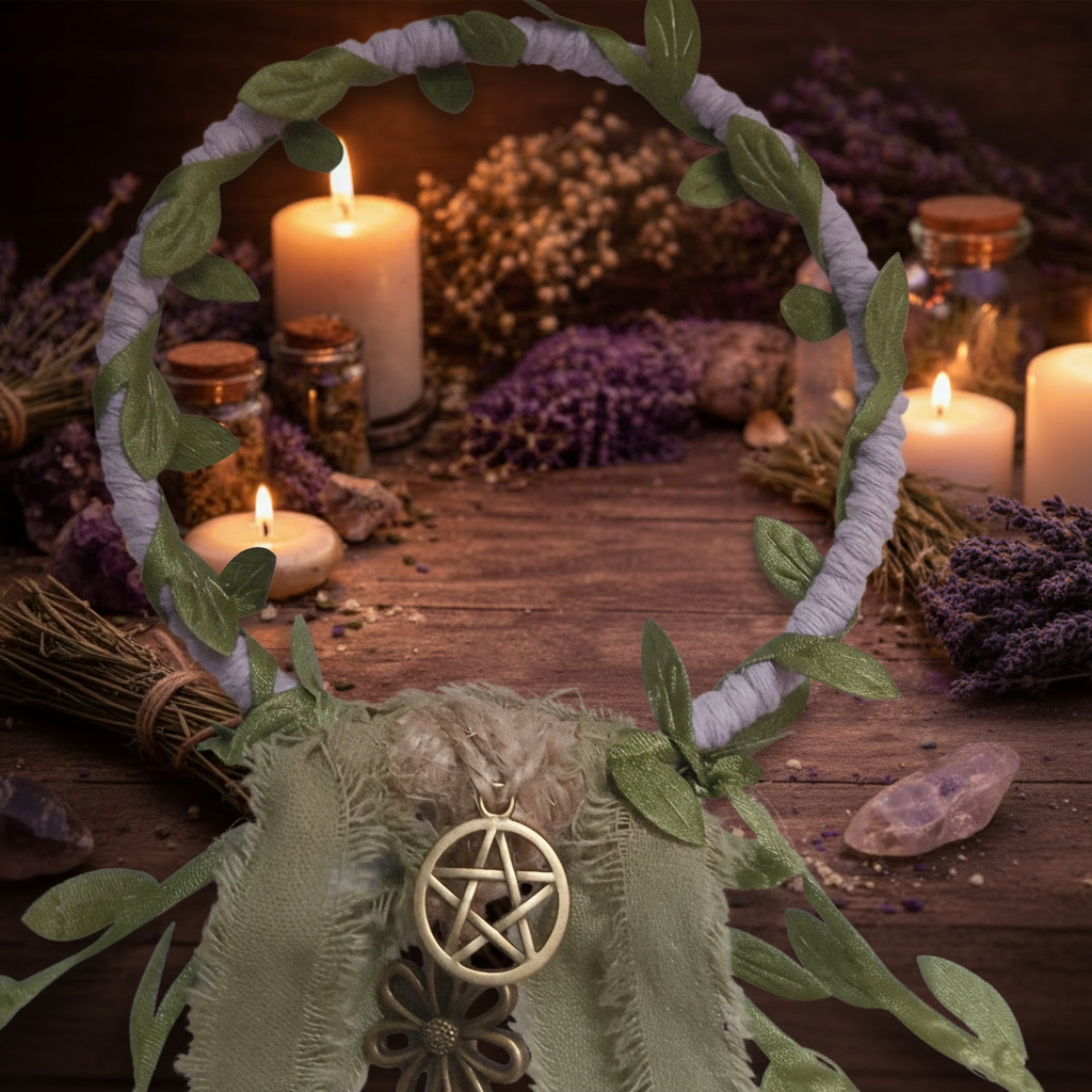 Witch's Bells wreath on altar background