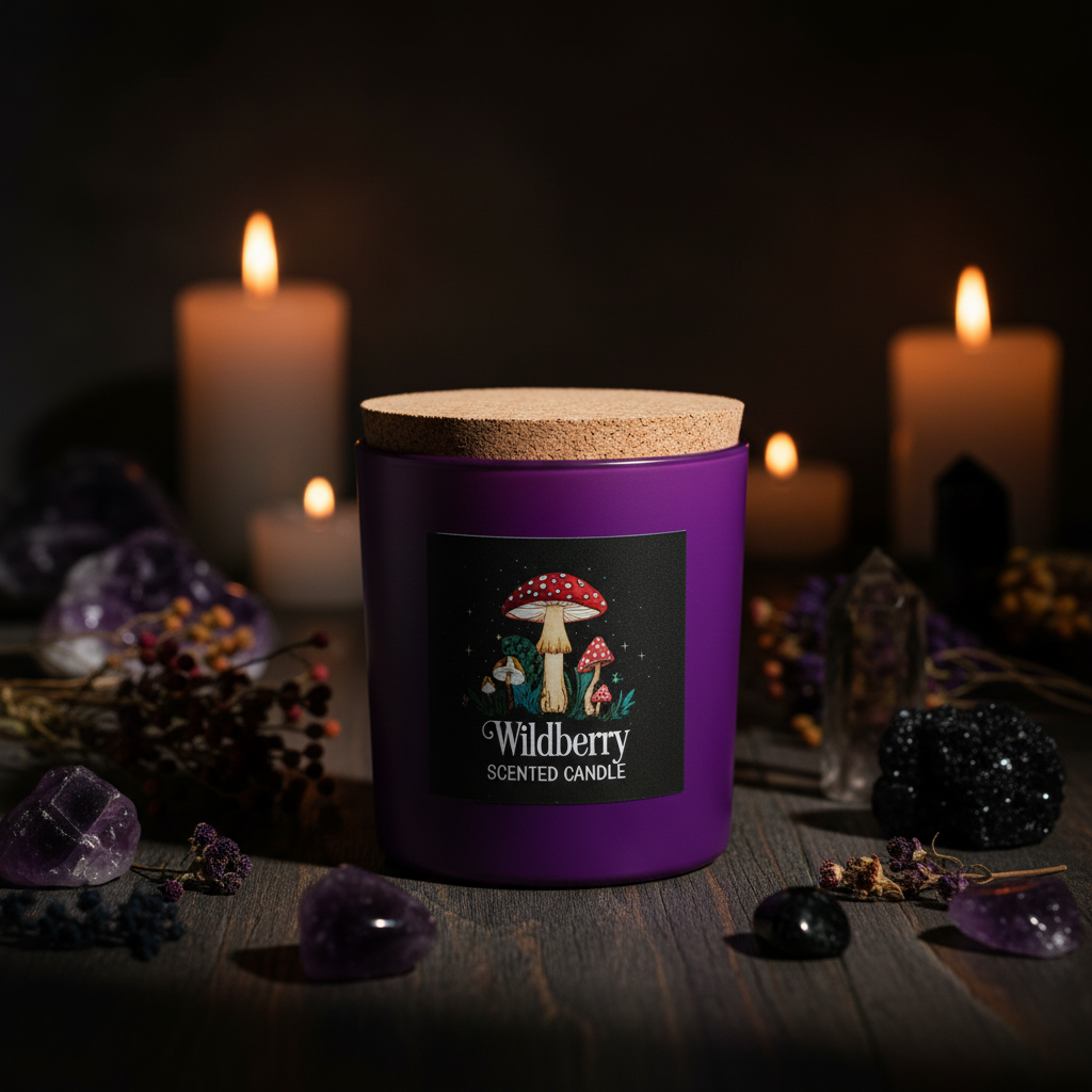 Wildberry Mushroom Candle - Glass jar with cork lid on dark altar