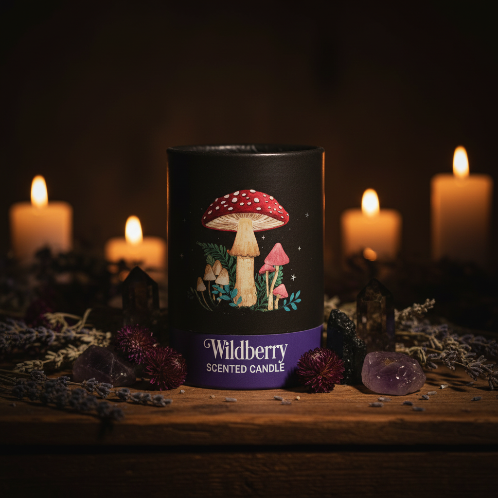 Wildberry Mushroom Candle - Tube packaging on dark altar