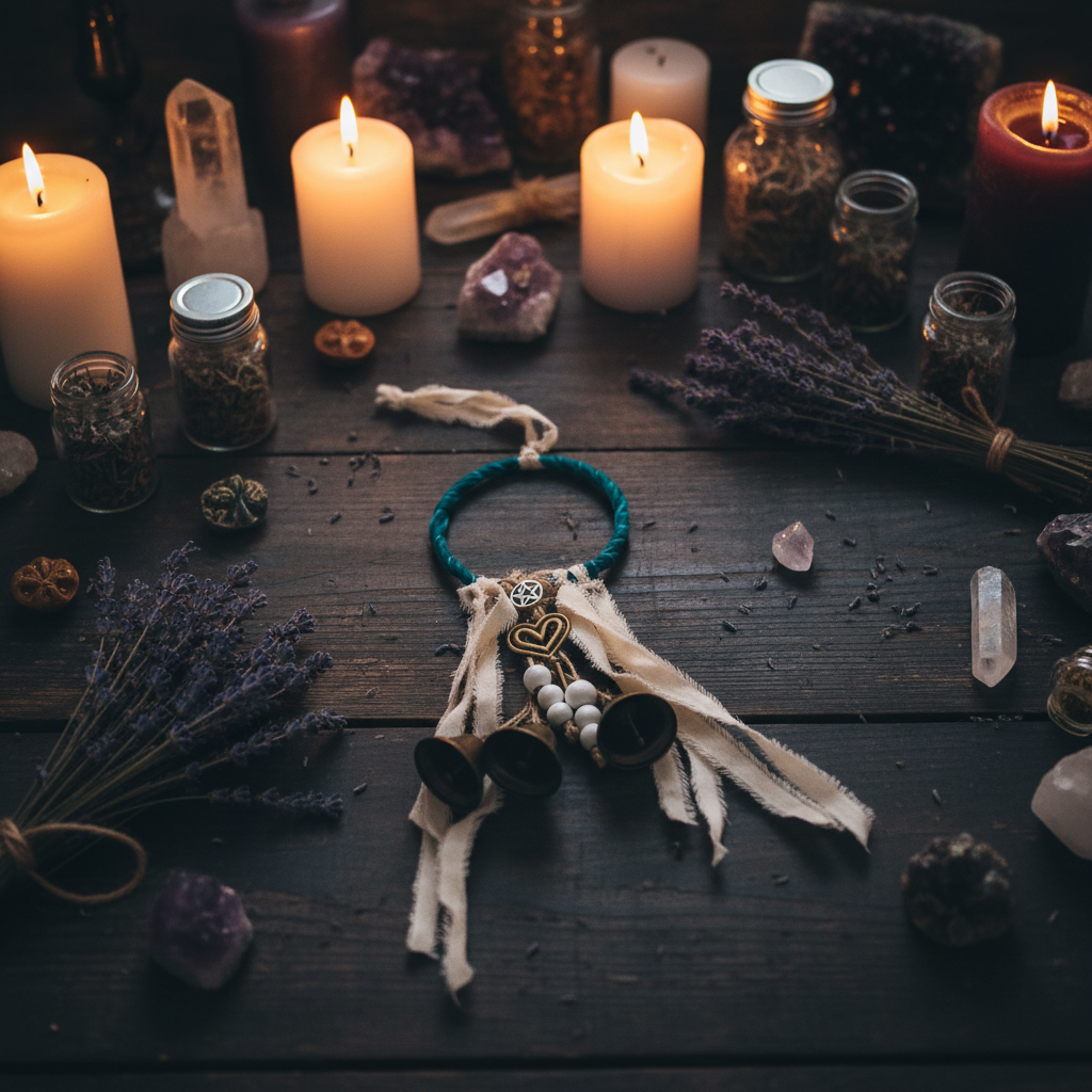 Witch's Bells teal design on altar background