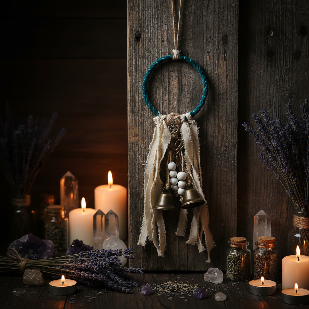Witch's Bells teal design hanging on altar background