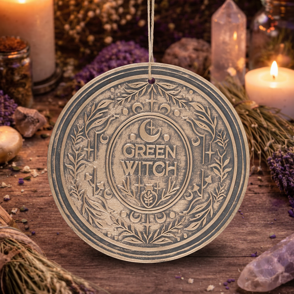 Green Witch Bronze-Effect Terracotta Hanging Plaque on altar background
