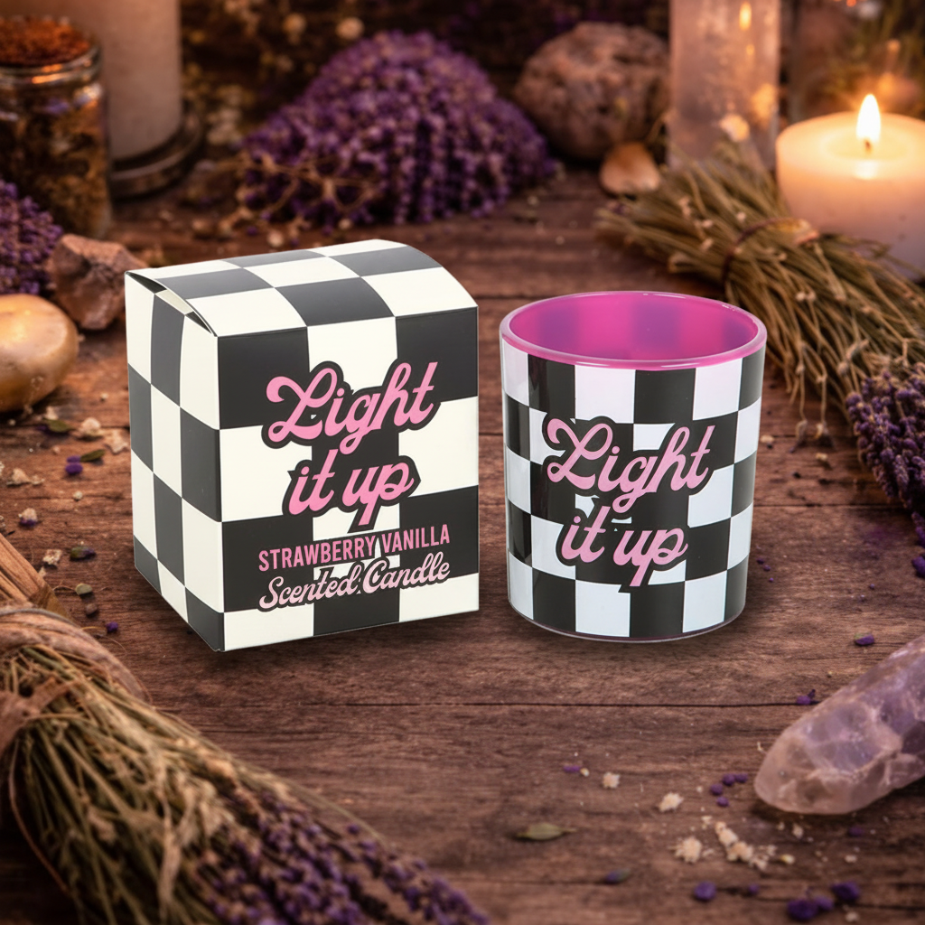 Light It Up Strawberry Vanilla Scented Candle on altar background