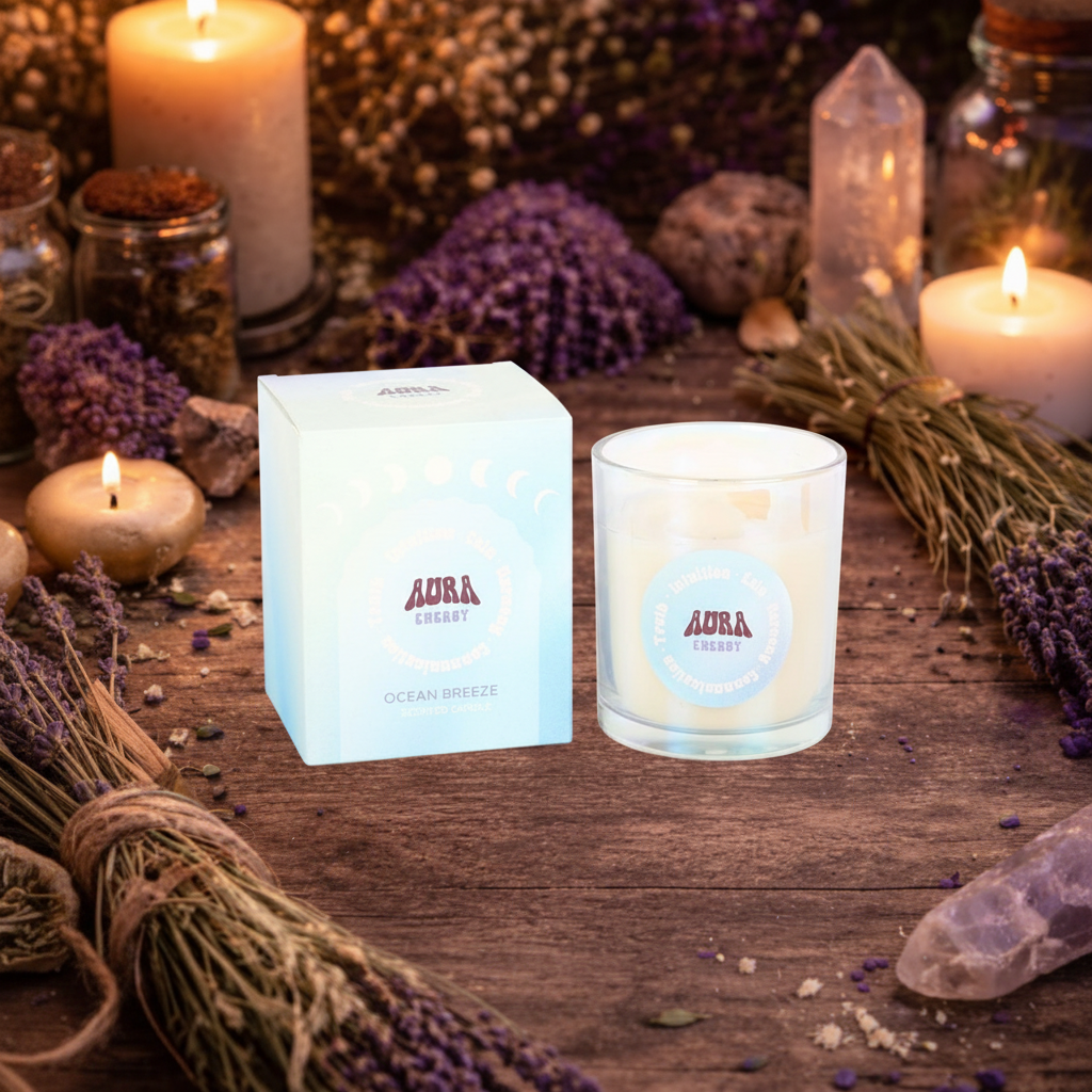 AURA Cherry Ocean Breeze Scented Candle on altar background