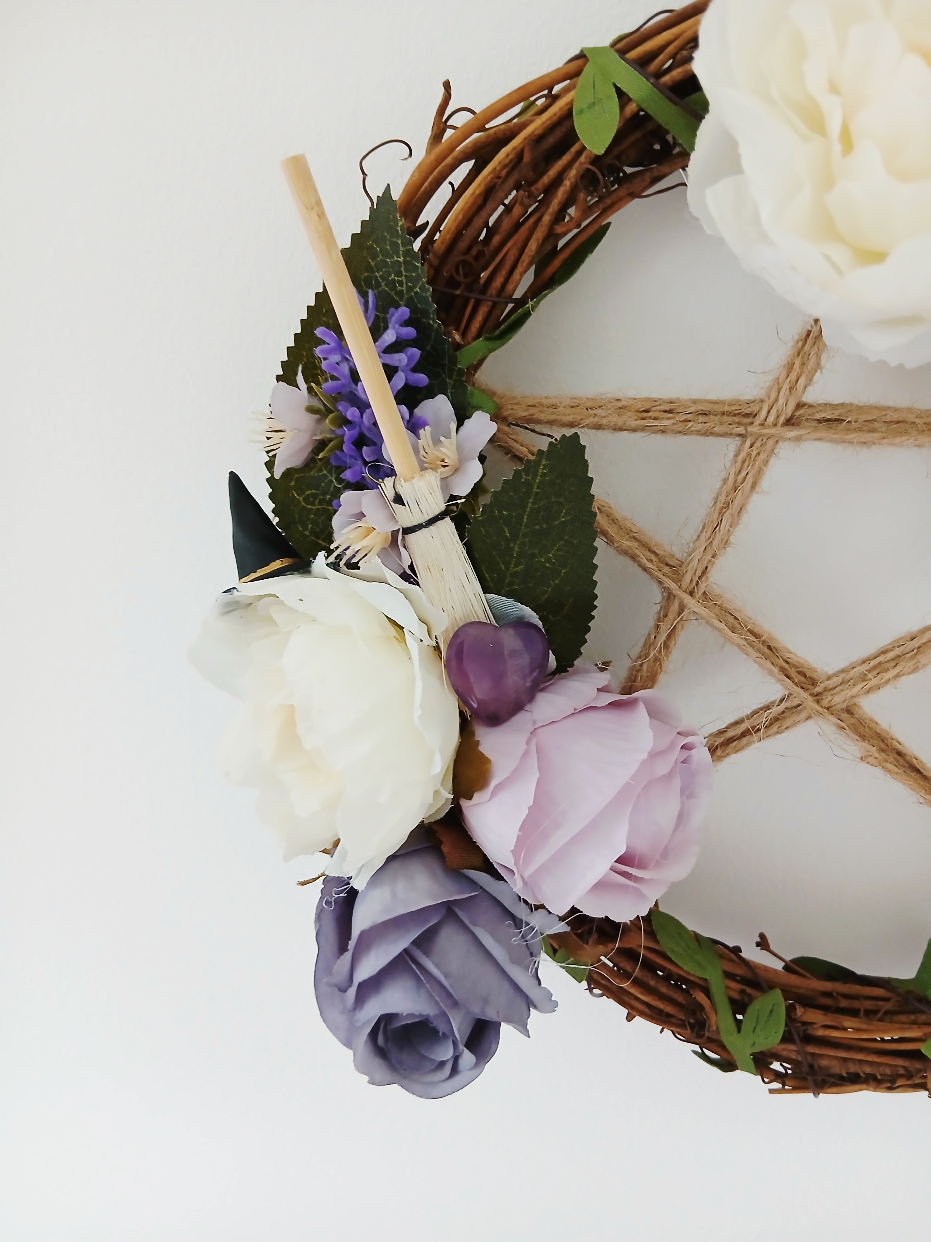 Pentacle Wreath 20cm - Purple & White Roses with Broomstick & Witch's Hat