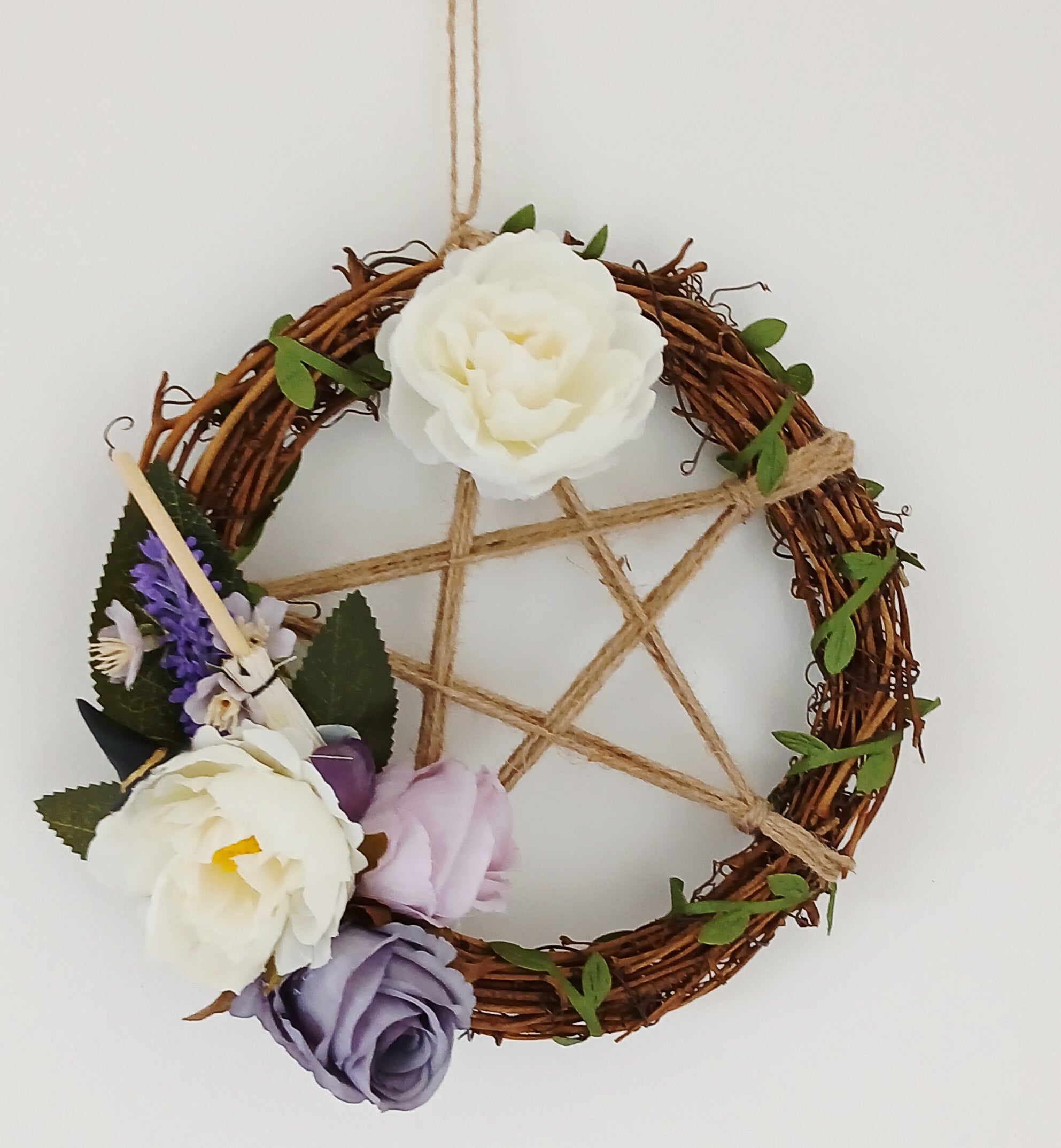 Pentacle Wreath 20cm - Purple & White Roses with Broomstick & Witch's Hat