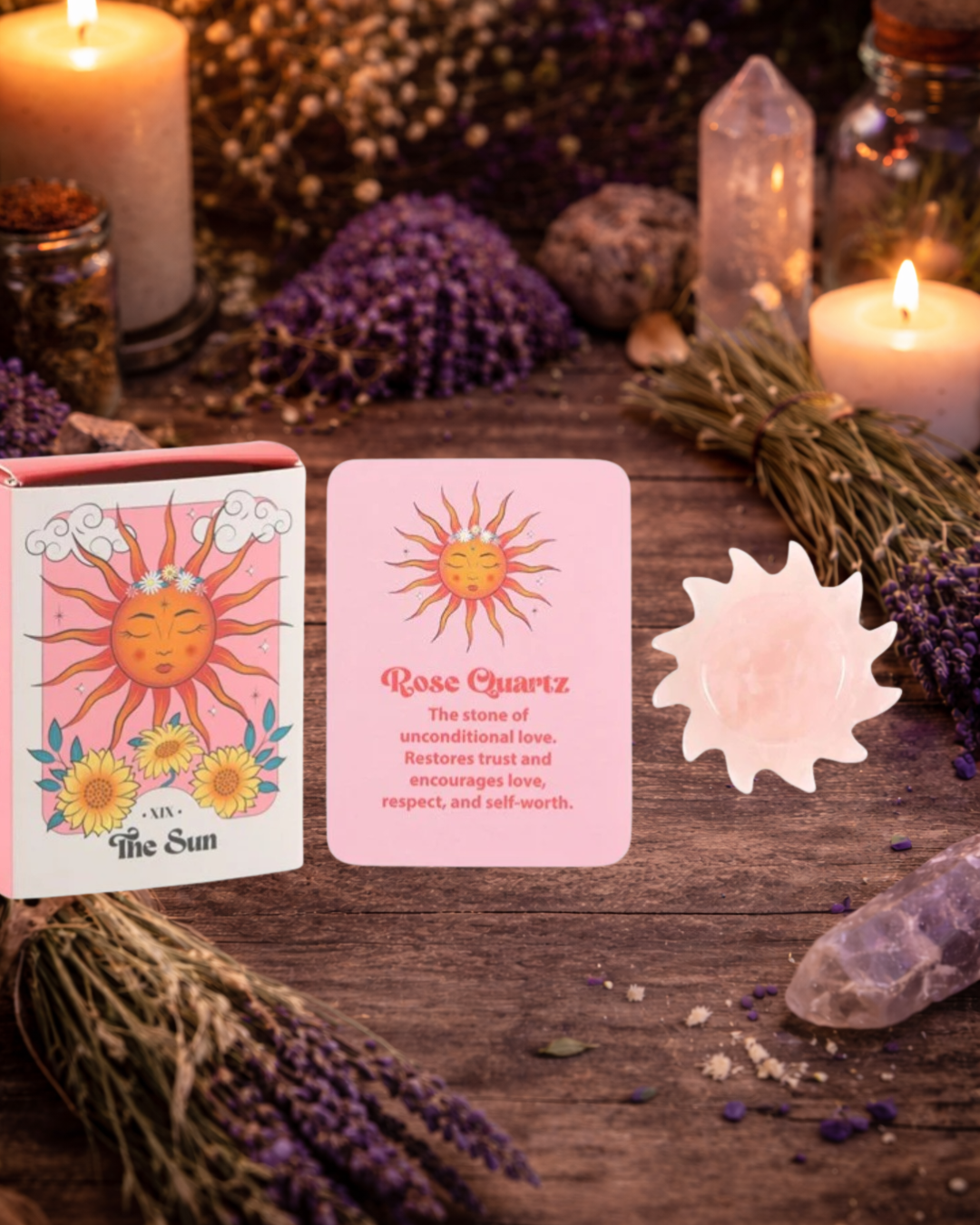 Rose Quartz Sun Crystal — The Sun Tarot Gift Set with Info Card
