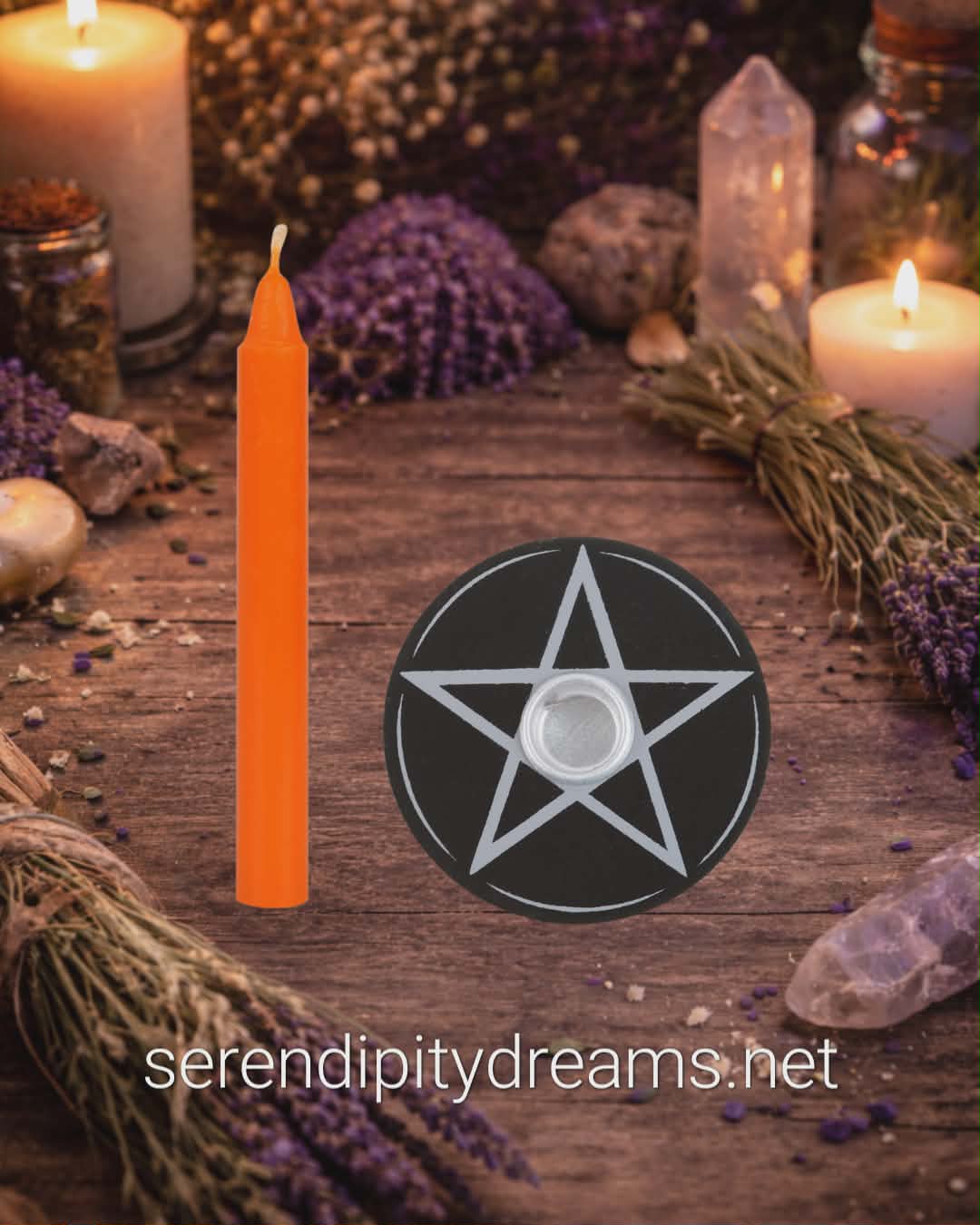 Pentagram Spell Candle Holder with Orange Spell Candle