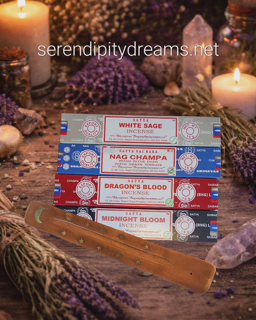 4 Pack Incense and Holder Set - Midnight Bloom, Dragon's Blood, Nag Champa, White Sage