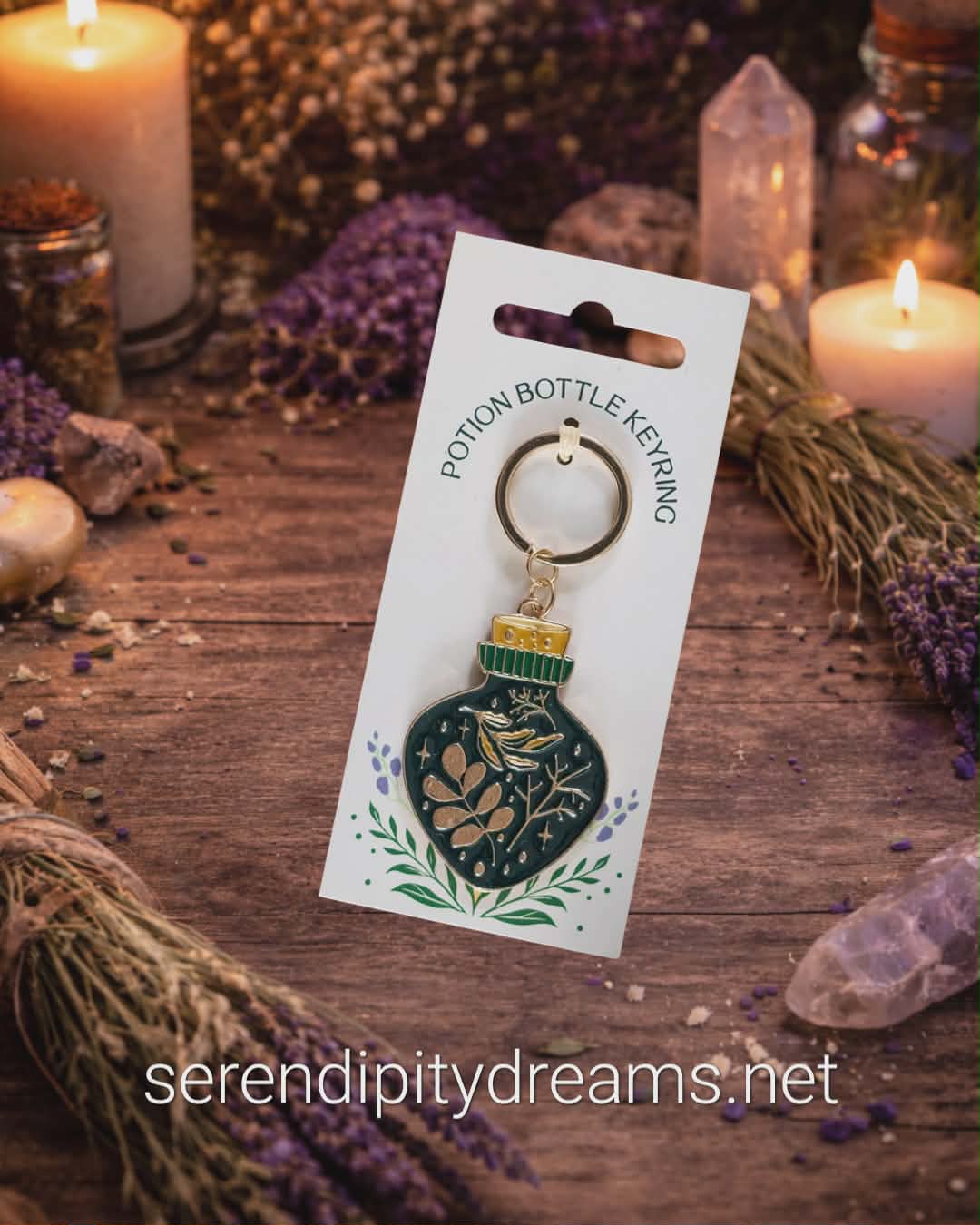 Green Witch Potion Bottle Keyring - Enamel & Gold-Tone