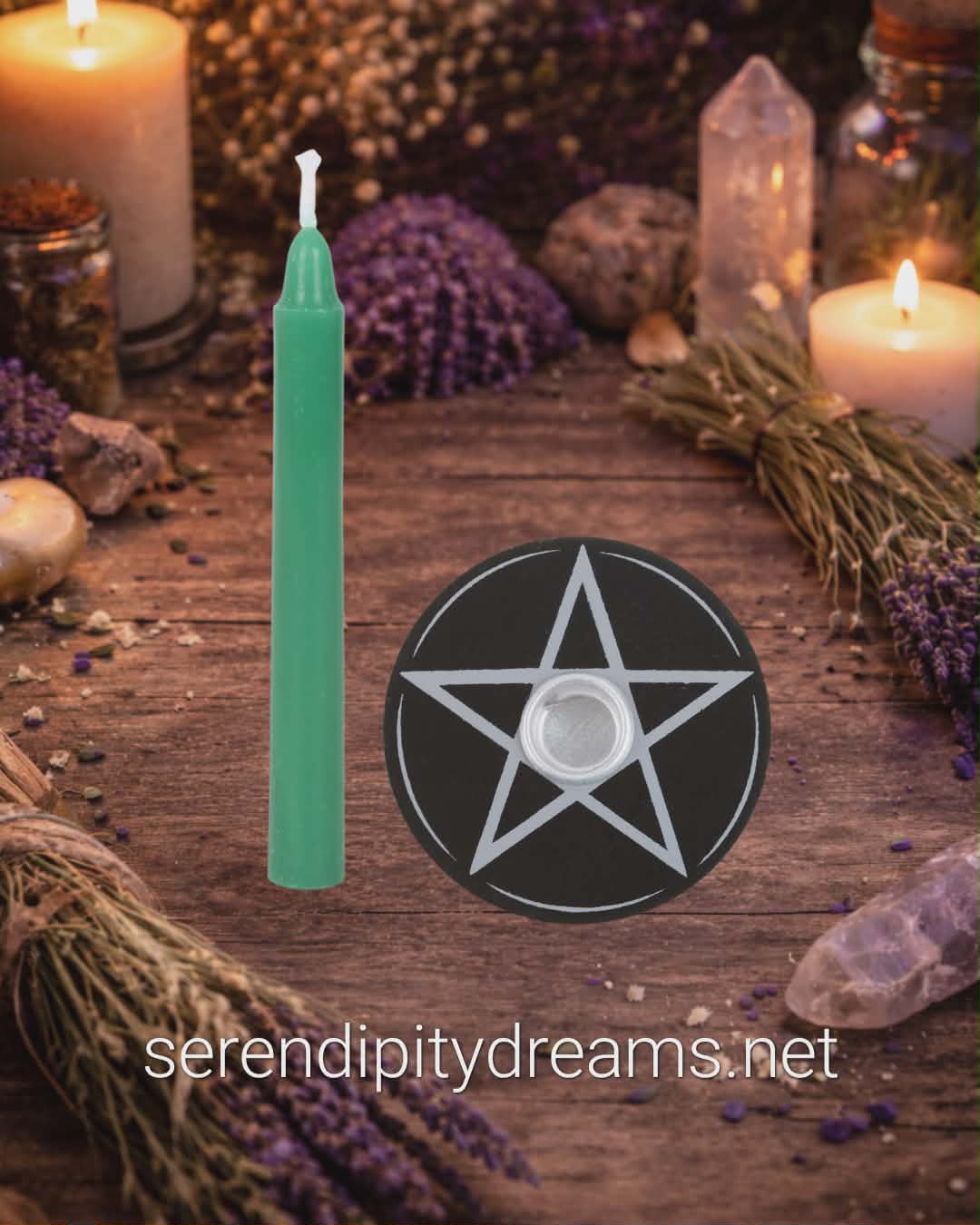 Pentagram Spell Candle Holder with Green Spell Candle
